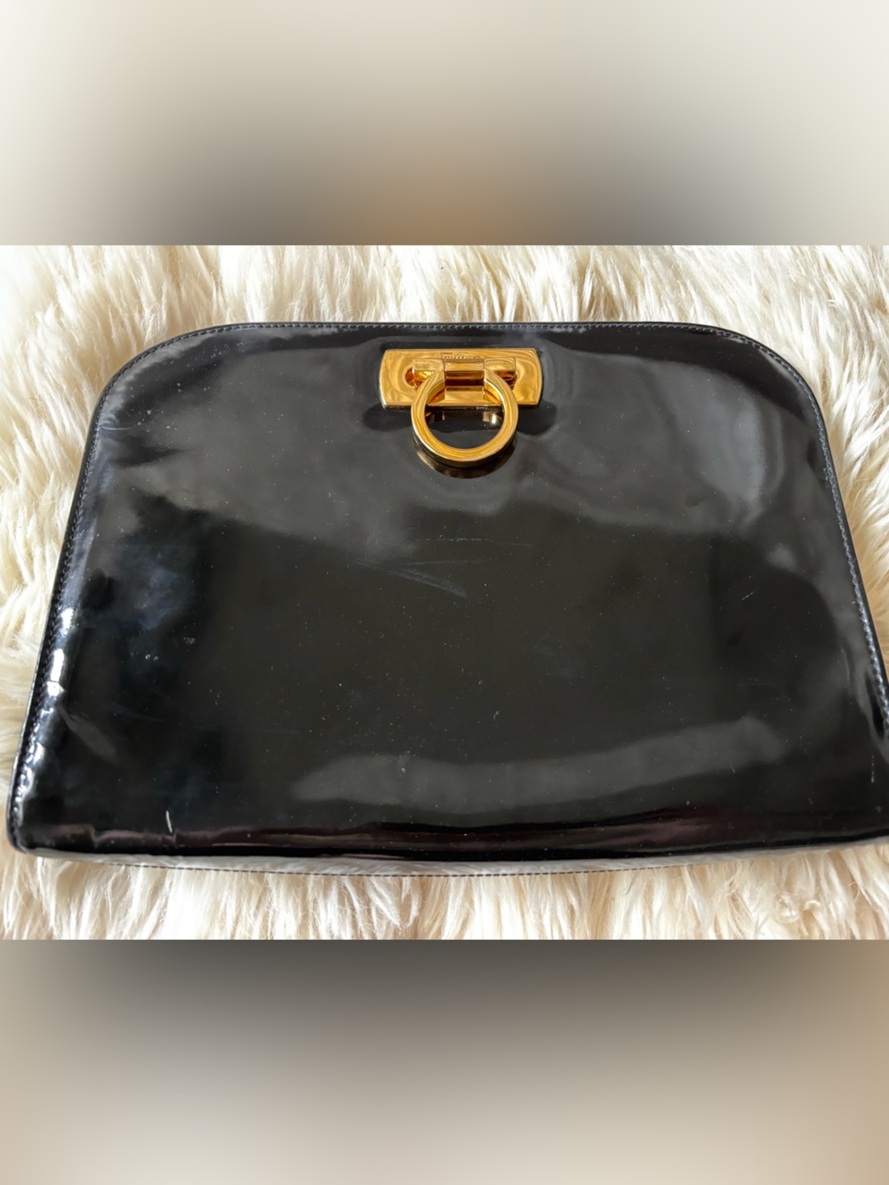 Salvatore Ferragamo Black Patent Clutch with Gold Ring Hardware (project bag)
